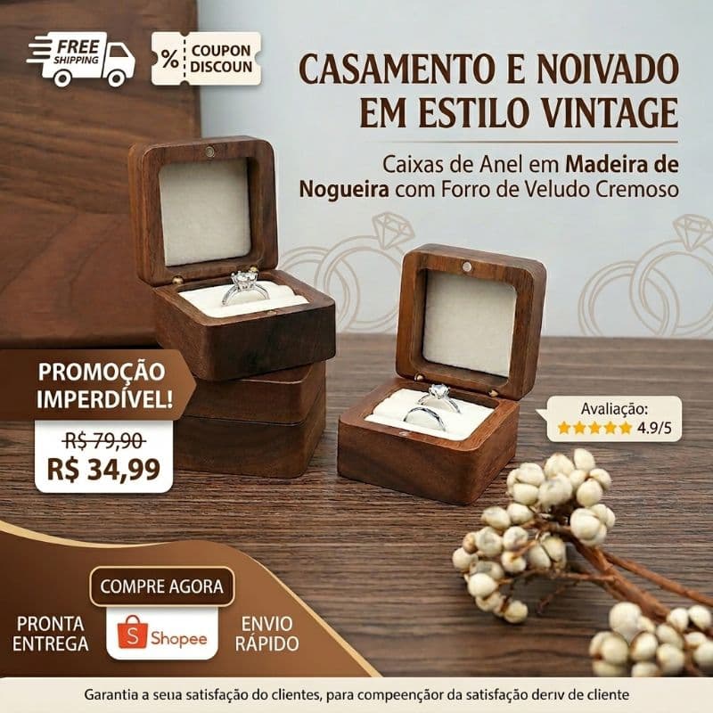 ​💍 Caixinha Porta Alianças Premium em Madeira de Nogueira – Luxo e Sofisticação