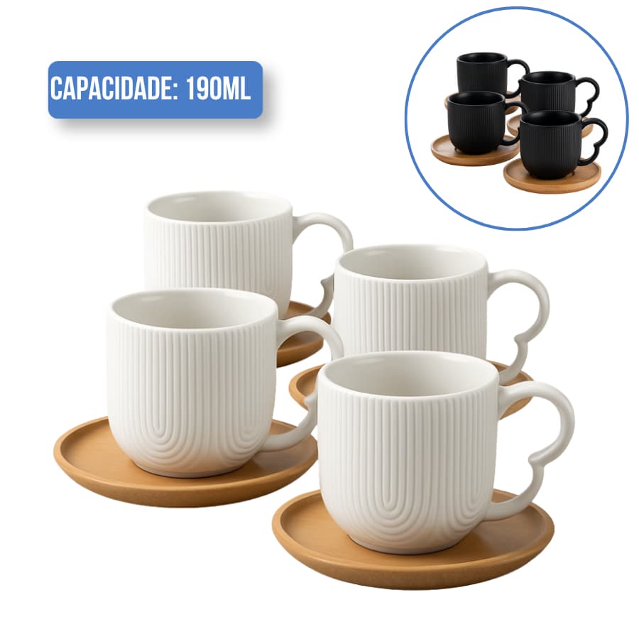 Jogo 4 Xicaras De Café Porcelana com Pires Bambu Oásis 190ml