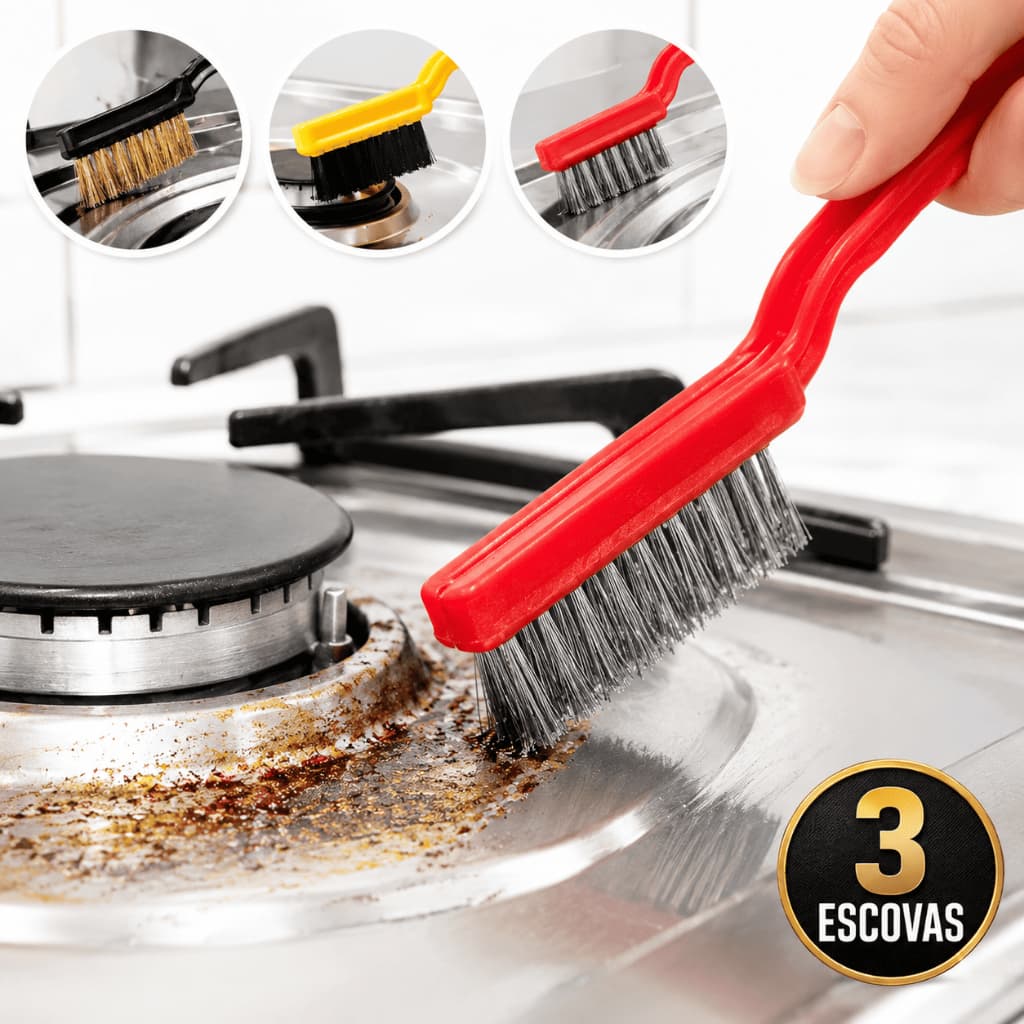 Kit Escovas Multiuso Aço Latão Nylon Limpeza Pesada Fogão Grelha Churrasqueira Forno