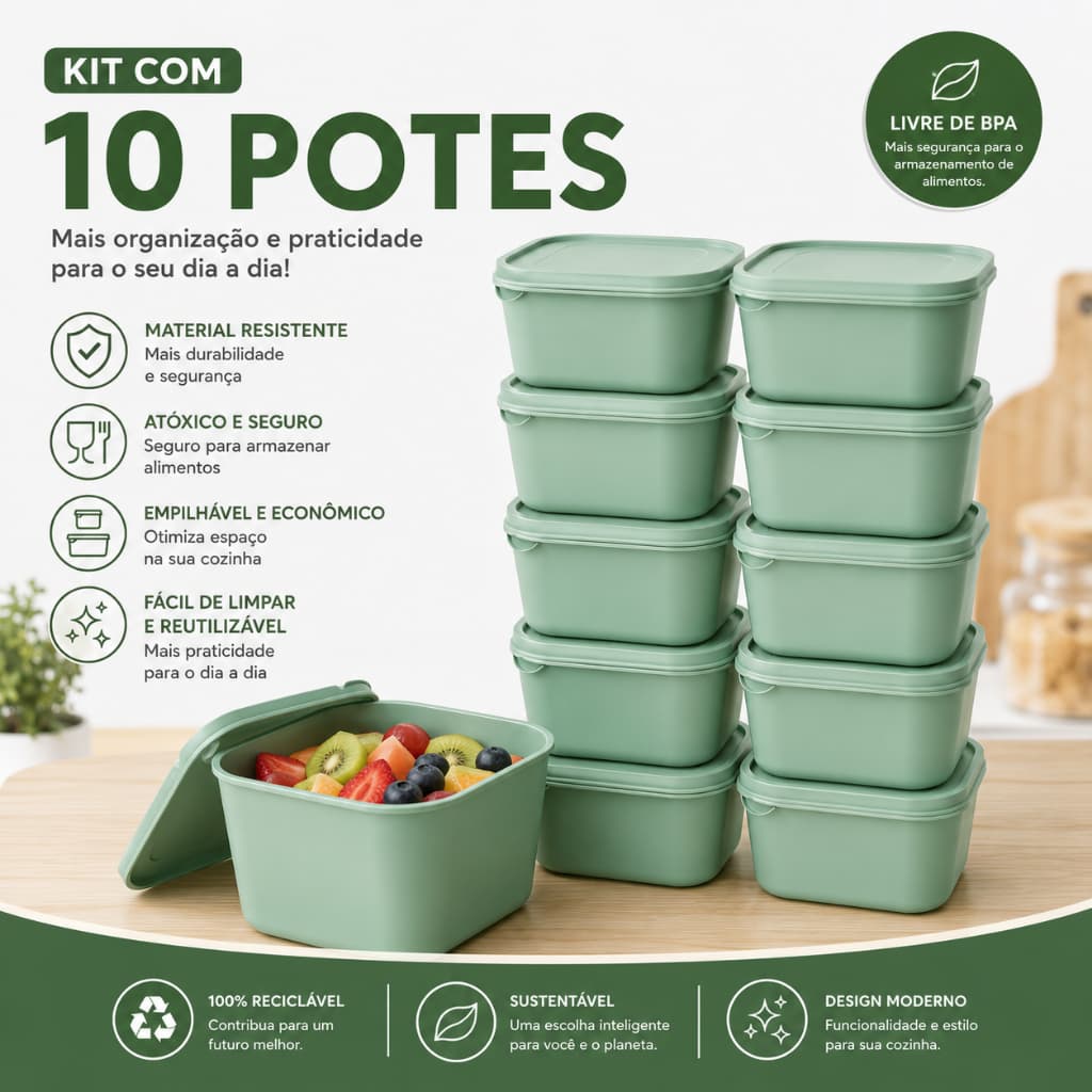 Kit 10 Potes Organizadores 1200ml Com Tampa Empilháveis Cozinha