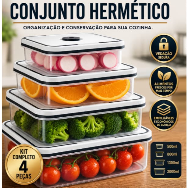 Kit Potes Herméticos 4 Peças Com Tampa Conservação De Alimentos Organizador