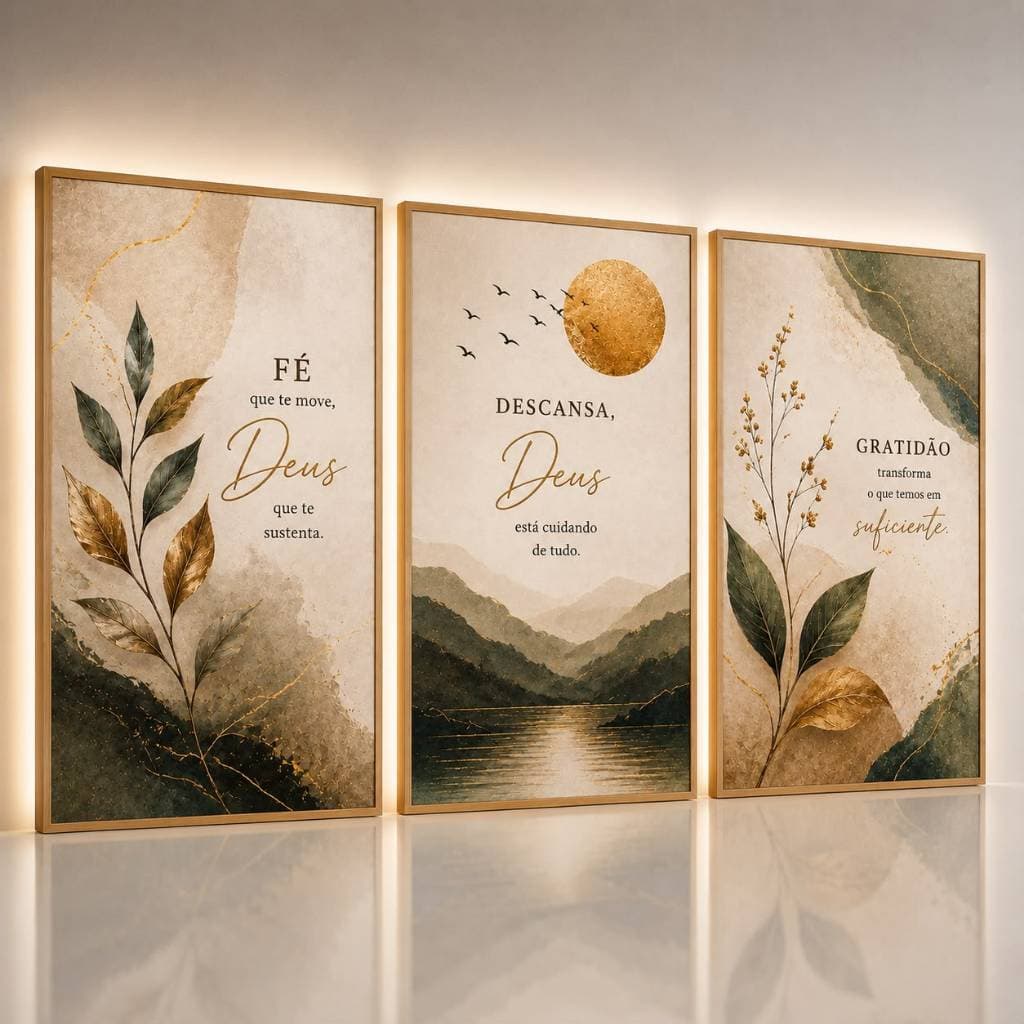 Kit 3 Quadros Folhagem Boho Chic Fé Religioso Frases Decoração Sala Quarto Elegante