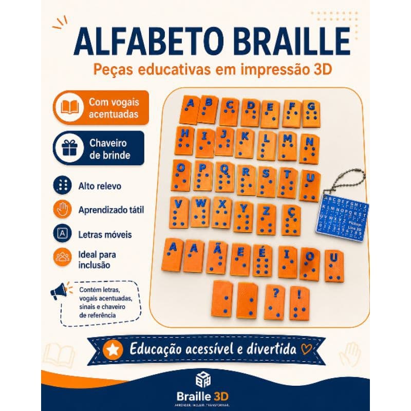 Alfabeto Braille 3D Alto Contraste Letras em Relevo Vogais Acentuadas Ç e Pontuação