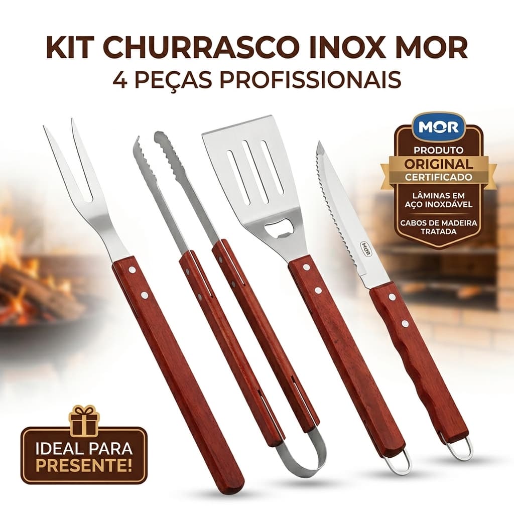 Kit Churrasco Aço Inox Mor 4 Peças Garfo Faca Espátula Pegador De Carne Utensílios De Cozinha E Churrasqueira Original