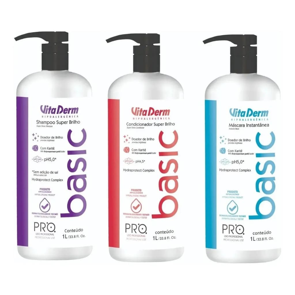 Kit Vita Derm Basic Profissional 1L Shampoo + Condicionador + Máscara Instantânea Para Lavatório