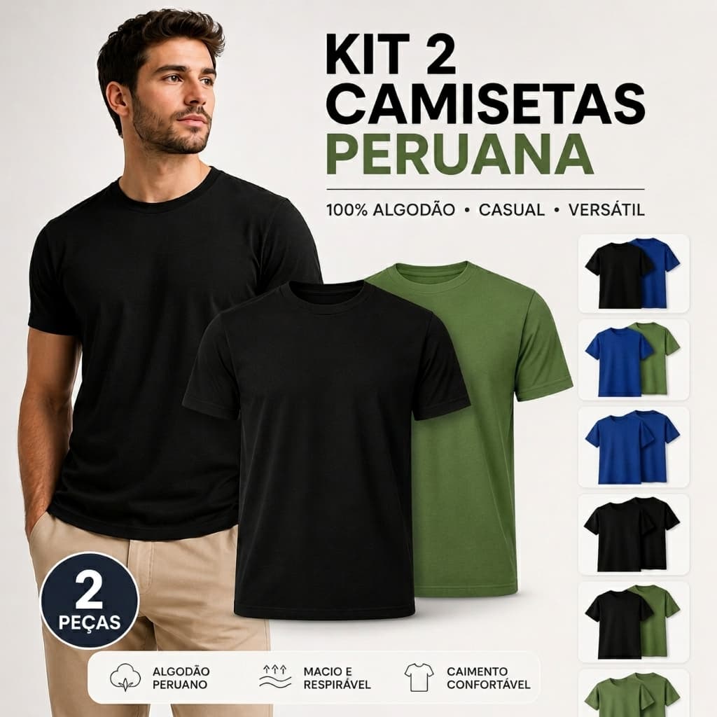 Kit 2 Camiseta Algodão Peruana Masculina Lisa Camisa 100% Algodão Casual Versátil