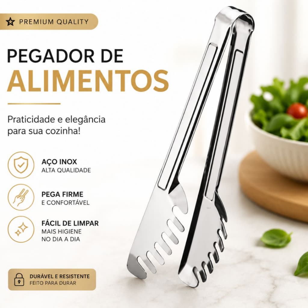 Pegador de Massas Alimentos 20cm em Aço Inox Pinça Multiuso para Massa Macarrão Salada Churrasco Cozinha