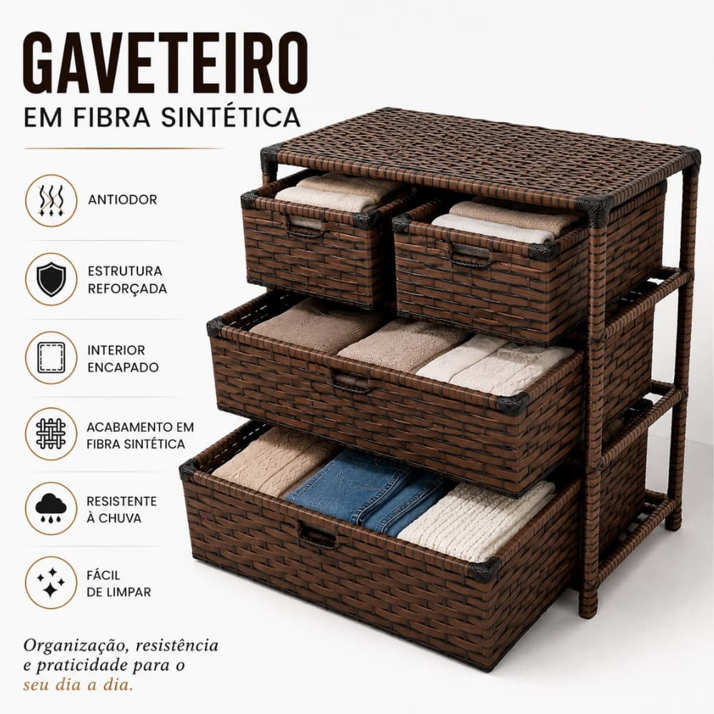 Gaveteiro Organizador 4 Gavetas Cômoda Quarto Criado Mudo Gaveteiro Escritório Fibra Sintética Luxo Grande Multiuso