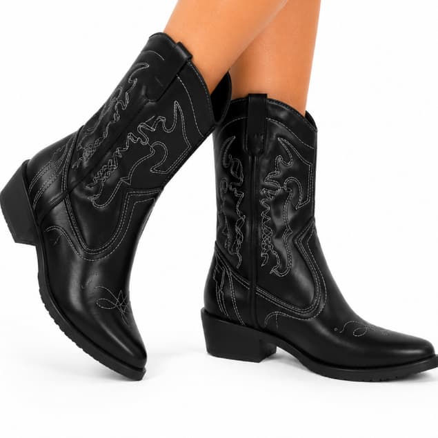 Bota Feminina Country Cano Médio Preta Bordada | Bota Western Casual Confortável Moda Outono Inverno