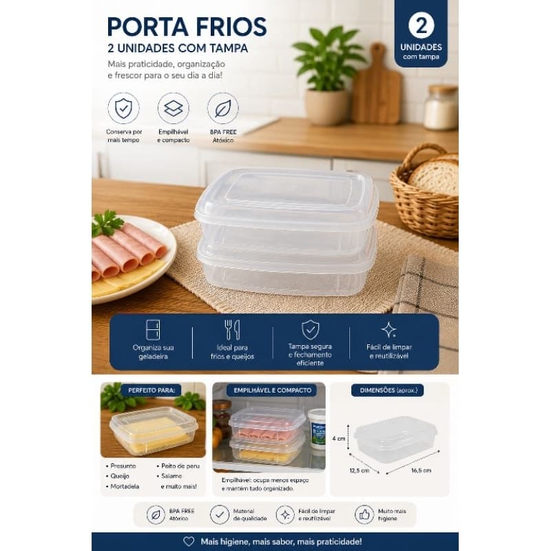 KIT 2 PORTA FRIOS COLORIDO COM TAMPA PARA PRESUNTO,QUEIJO E MORTADELA