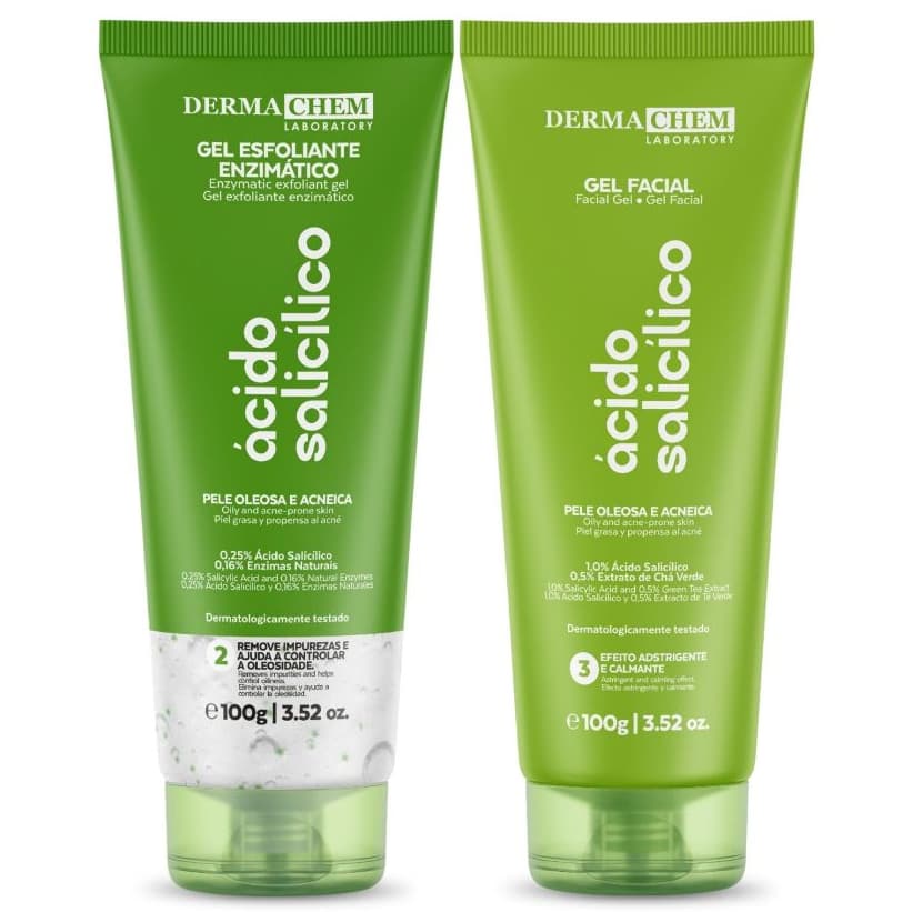 Kit Ácido Salicílico Dermachem Gel Esfoliante Enzimático + Gel Facial Pele Oleosa e Acneica