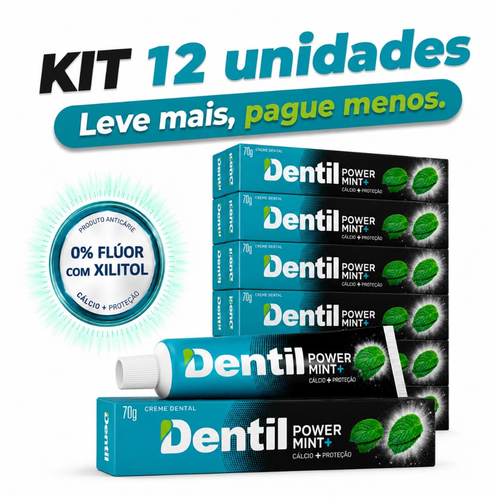 Kit 6, 12 ou 24 Creme Dental Dentil Power Mint Sem Flúor Vegano Protetor 70g