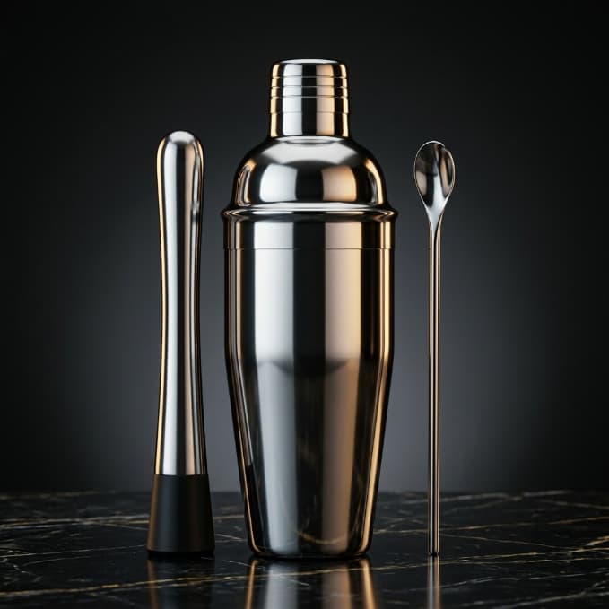 Kit Bartender Essencial: Coqueteleira 500ml, Colher Bailarina e Socador - Envio Imediato