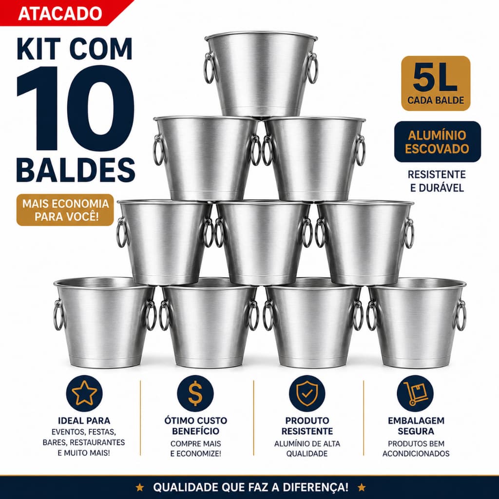 KIT 10 Balde Para Gelo Alumínio 5L Cerveja Refrigerante Área Gourmet Churrasco Festa