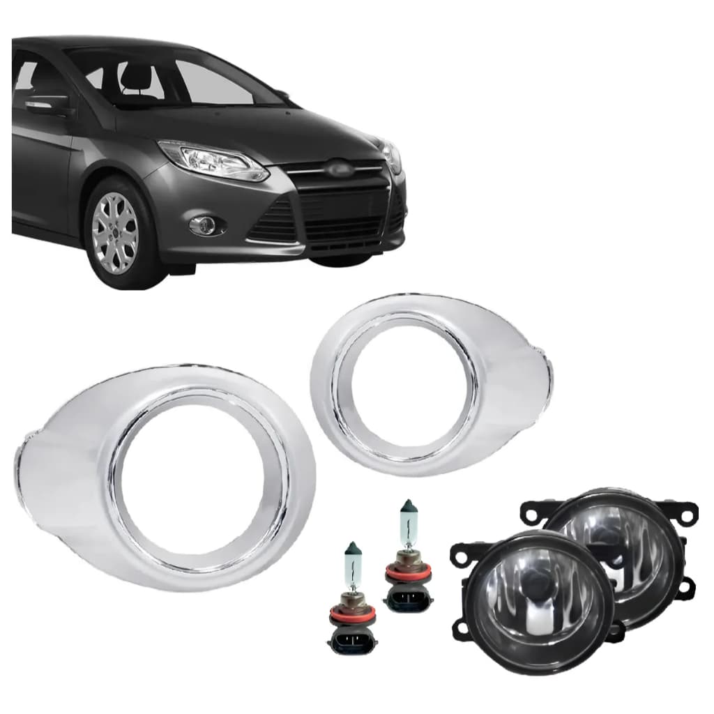 Par Grade Moldura Aro Farol Milha Cromado Focus 2014 2015 2016 + Farol Auxiliar Milha Com Lampada