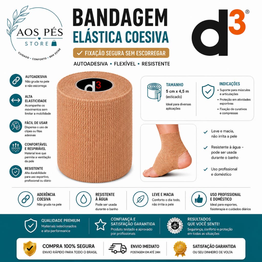 Bandagem Elástica Coesiva D3 7,5cm x 5mt Bege Atadura Autoadesiva Compressiva Ortopédica