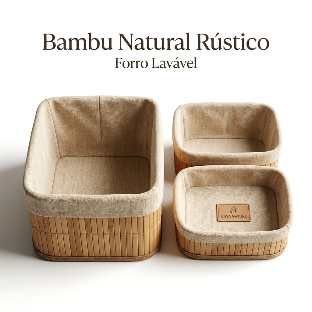 Kit 3 Cestos Organizadores de Bambu Multiuso Forro de Tecido/Organizador/Bambu Rústico Fibra Natural