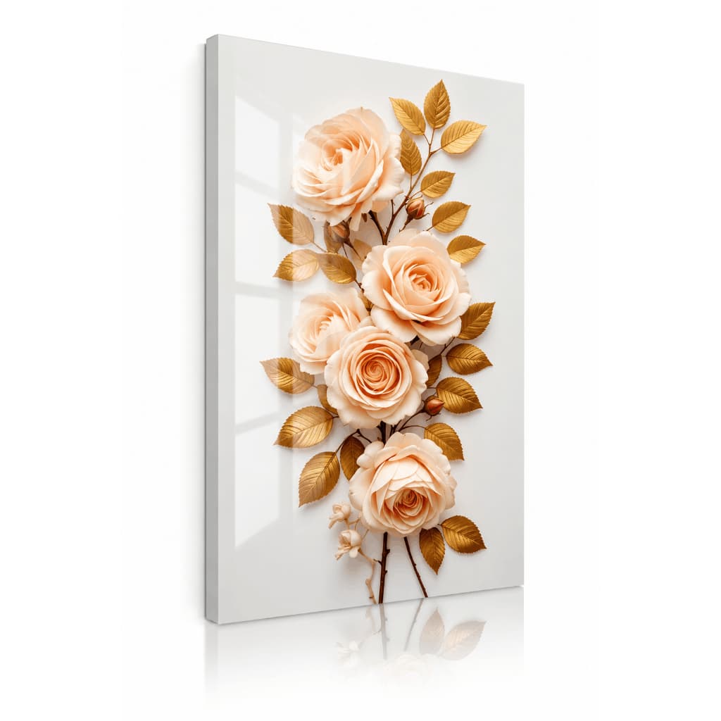 Quadro Floral Rosas Champagne com Folhas Douradas Elegante Para Sala Quarto Casal Premium Luxo