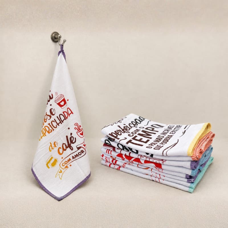 Kit 10 Uni Pano De Prato Guardanapo Estampado Frases c/ Viés E Alça para Gancho Costura Reforçada