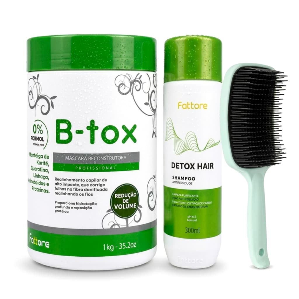 Kit B-tox Organique Profissional 1KG Fattore - Realinhamento Sem Formol + Shampoo Detox 300ml + Escova Raquete Curvada