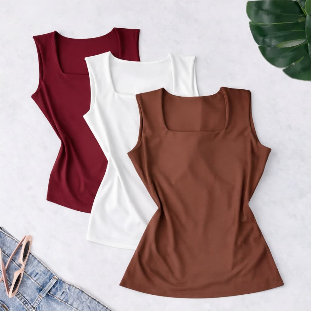 kit 3 Blusa Decote Quadrado Feminina Suplex Básica Premium Casual Segunda Pele