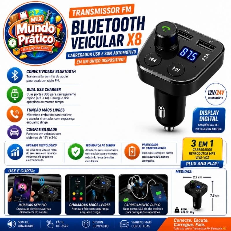 Transmissor FM Bluetooth Veicular X8 – Carregador USB e Som Automotivo em um Único Dispositivo - QCC-001