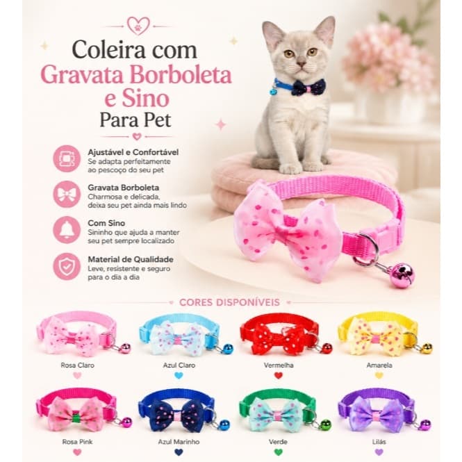 Coleira com Gravata Borboleta e Sino para Pet | Ajustável | Gatos e Cães Pequenos ~