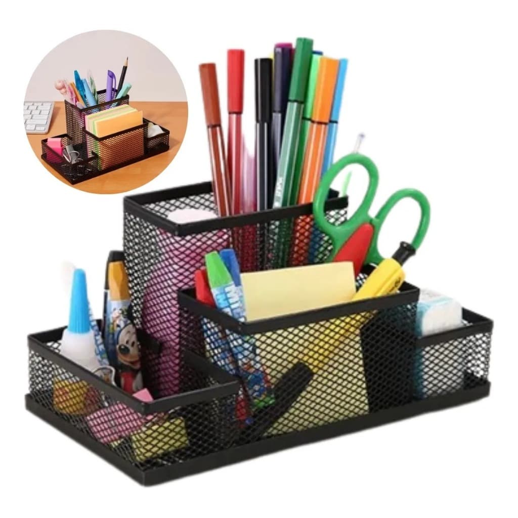 Organizador de Mesa Escritório Porta Canetas Multifuncional Metal Telado Porta Objetos Home Office Preto
