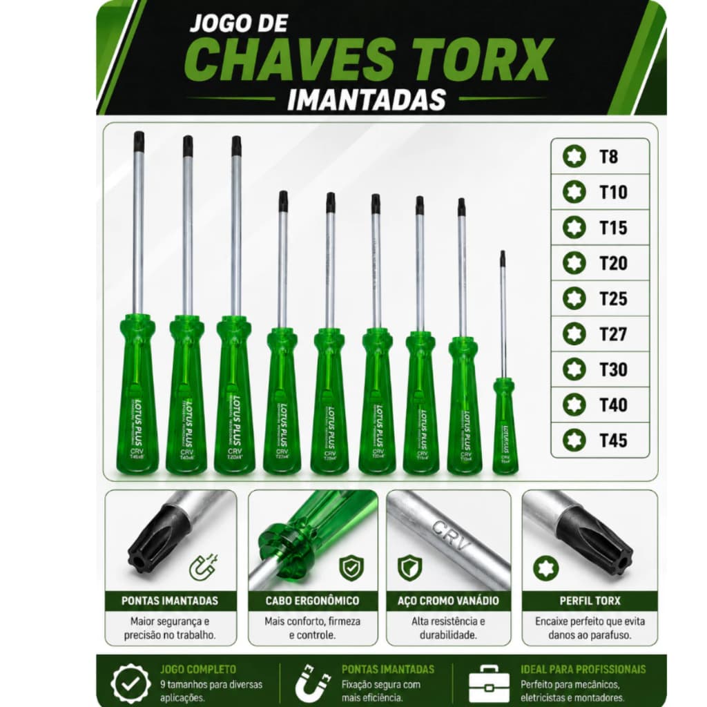Jogo Chaves Torx Imantada Cromo Vanádio Com Furo Guia T8 T10 T15 T20 T25 T27 T30 T40 T45 - Escolha