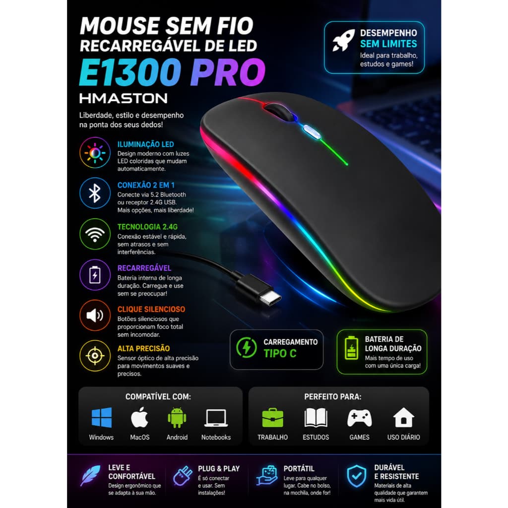 Mouse Sem Fio Rgb Recarregável Wireless Led Ergonômico H'maston E-1300PRO