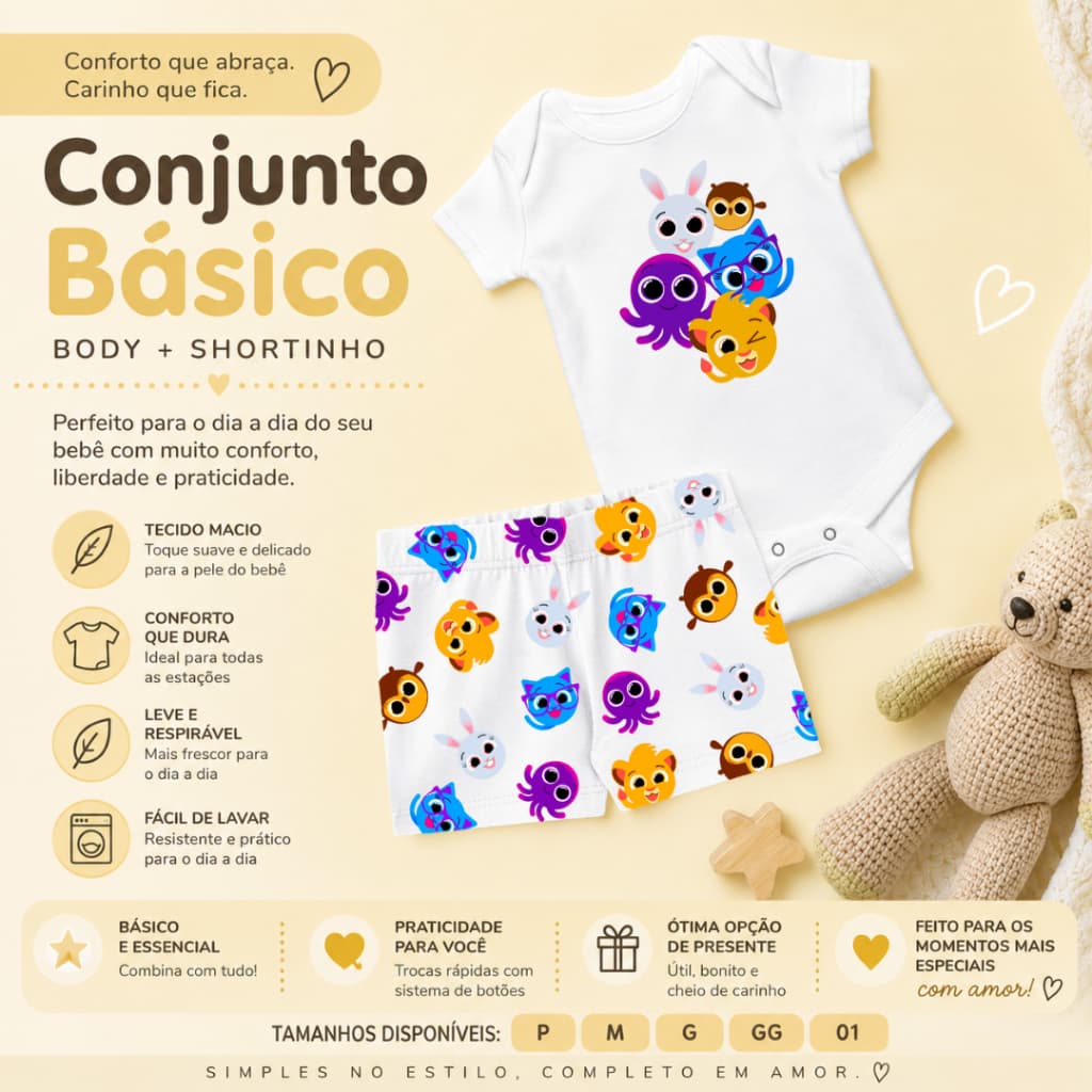 Conjunto bebê manga curta estampa bolofofos