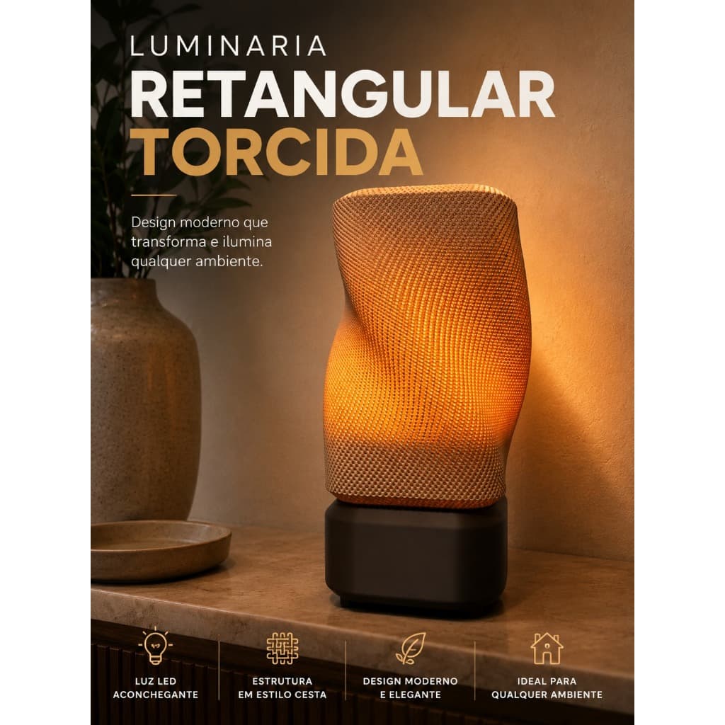 Luminária Retangular Torcida Decorativa com Estrutura Cesta LED USB Abajur Moderno