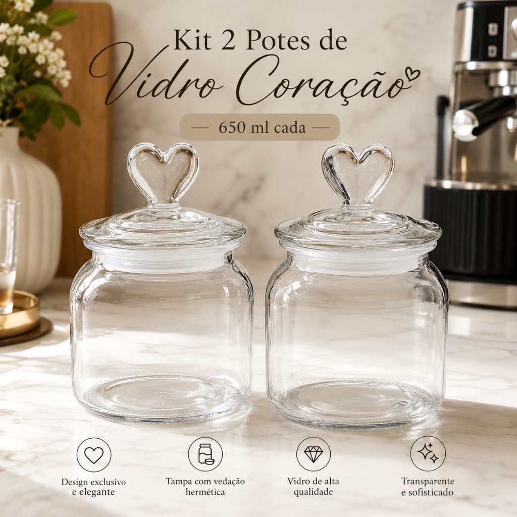 Kit 2 Potes de Vidro 650ml com Tampa Coração Vedação Porta Mantimentos Presente Delicado Moderno