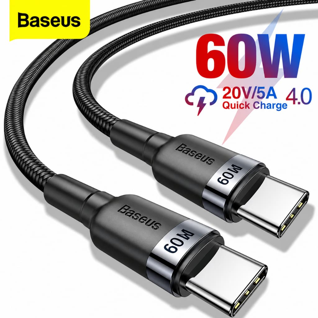 Cabo Baseus 60W Tipo C para Tipo C 1 metro e 2 metros Reforçado em Nylon Carregamento Super Rápido