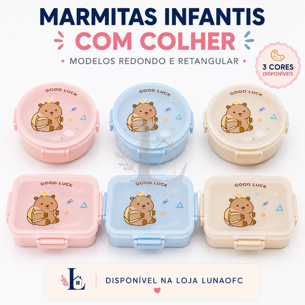 Marmitas Infantis Com Colher Redonda Retangular Escolar Lanche Rosa Azul Bege Crianças 2em1 | Kit 2