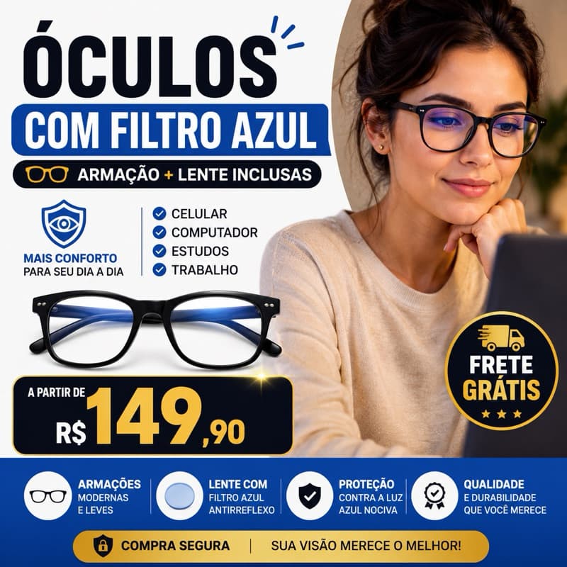 Óculos completo Lente de Grau  Filtro Azul | Modelos Femininos e Masculinos Longe ou Perto