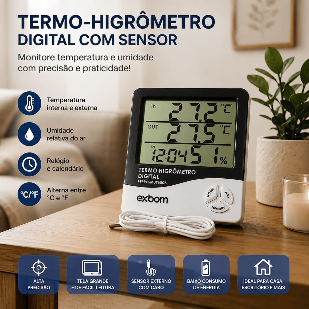 Termo Higrômetro Digital Com Sensor Externo Medidor De Temperatura Umidade Relógio Digital Ambiente