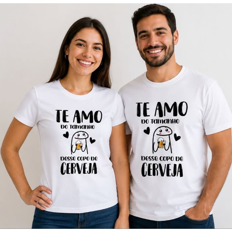 Kit 2 Camiseta Casal Estampa Te Amo do Tamanho Desse Copo de Cerveja Camisa 100% Poliéster