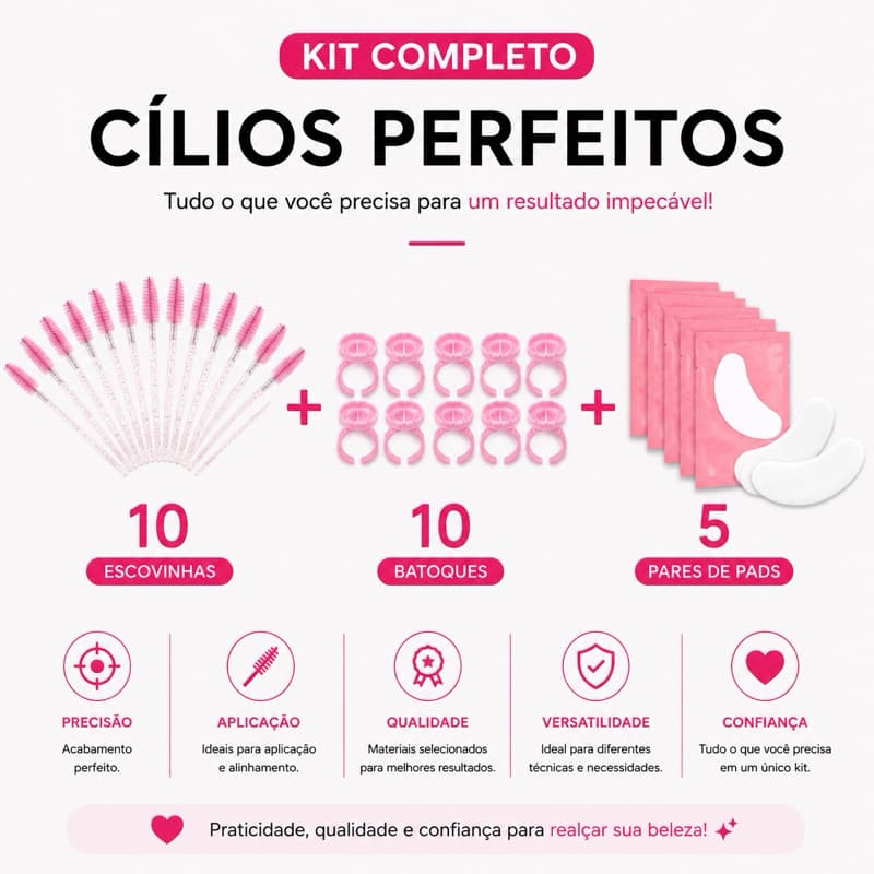 Kit 10 Escovinhas + 10 Batoques + 5 Pares Pads Gel Alongamento Cílios Use Naton