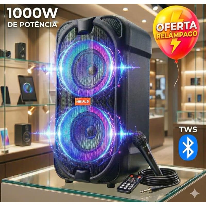 Caixa De Som Bluetooth Potente 1000W PMPO + Microfone Karaokê LED RGB TWS Bateria Longa Duração
