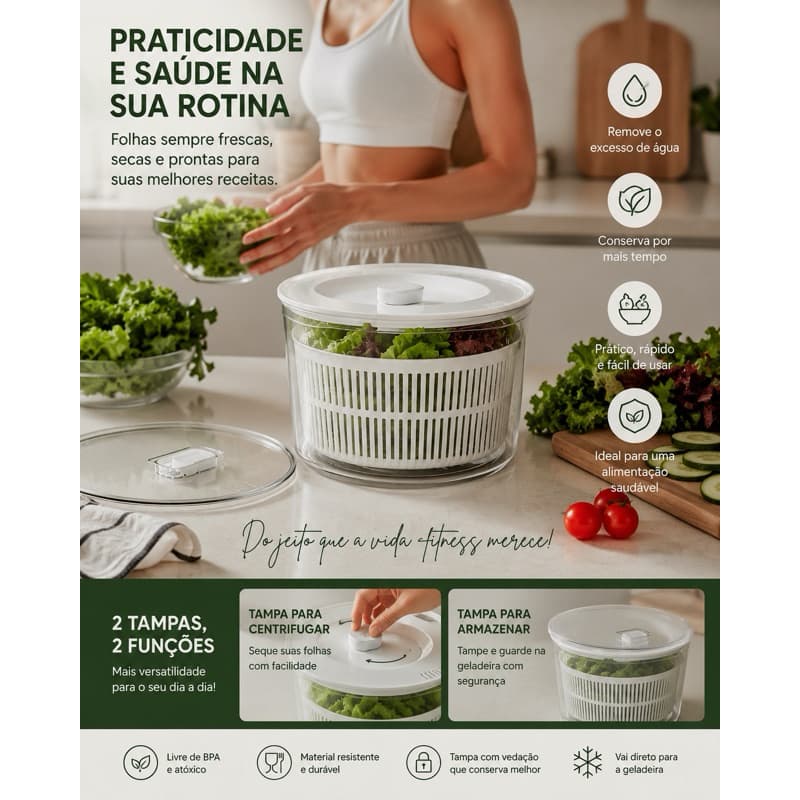 Centrífuga de Saladas 5,5L com Tampa Extra Organizador para Geladeira