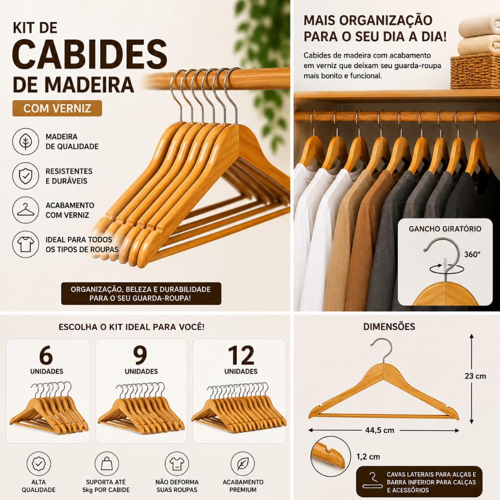 Kit Cabides De Madeira  6 9 12 unidades (Marfim Verniz organizador Roupas Resistente Reforçado)