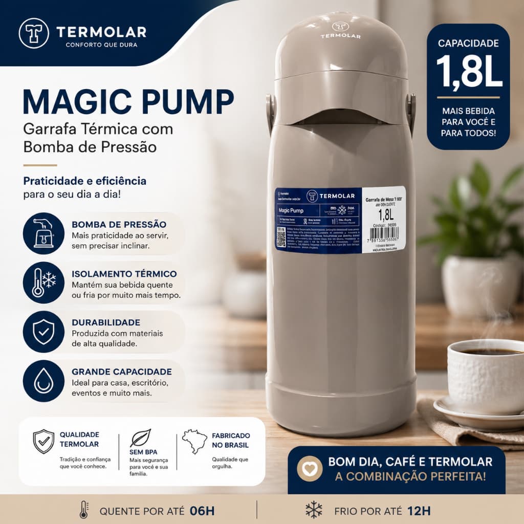Garrafa Térmica Café, Água ou Chá - Magic Pump 1,8l Termolar / Cor: Bege