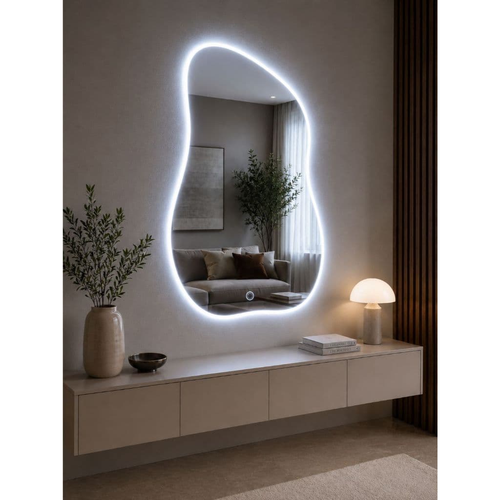Espelho LED Orgânico Luzfria Decorativo com BotãoTouch50x80e 60x90para banheiro sala hall de entrada decoração pinterest