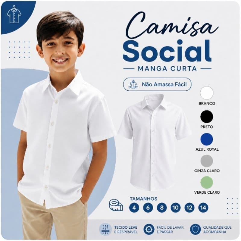 Camisa Social Infantil Masculino Manga Curta Com Elastano E Veste Perfeito No Tamanho 4 ao 14