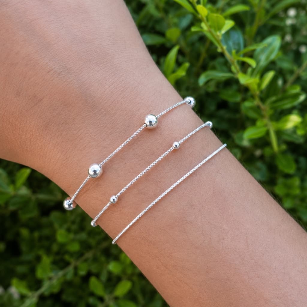 Kit 3 Pulseira Prata 925 Feminina Fio Liso Bolinhas Conjunto 3 Peças