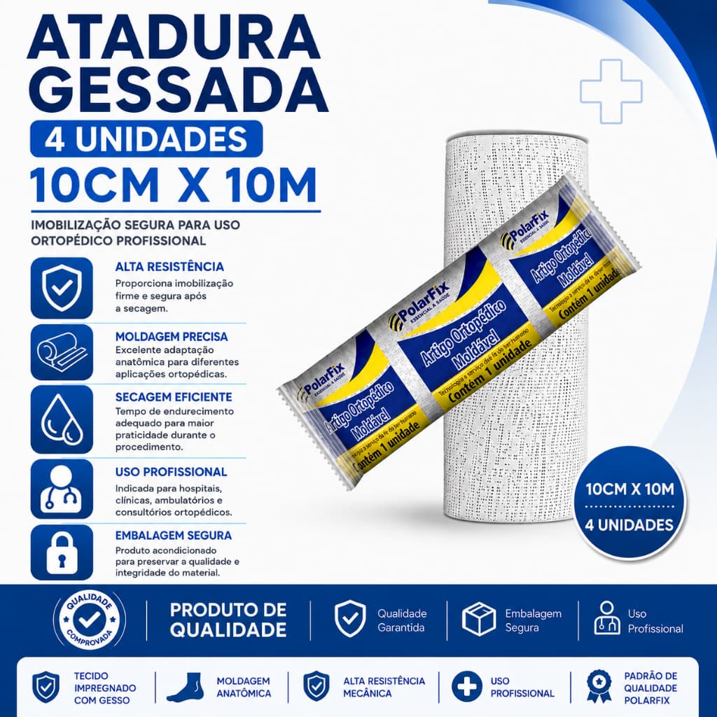 Kit 4 unidades de Atadura Gessada 10cm x 3m PolarFix
