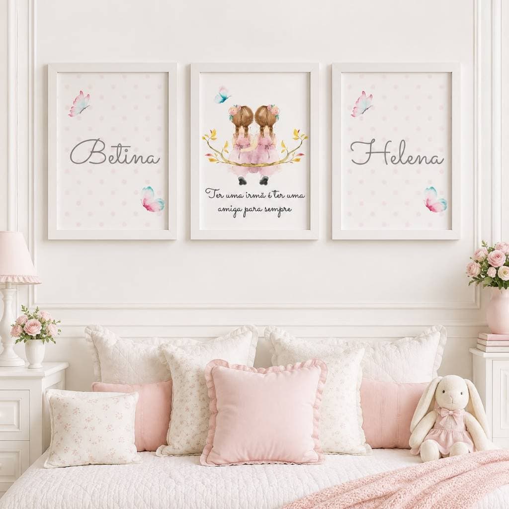 Quadro decorativo 3 peças Irmãs personalizado com nome decoraçao quartinho