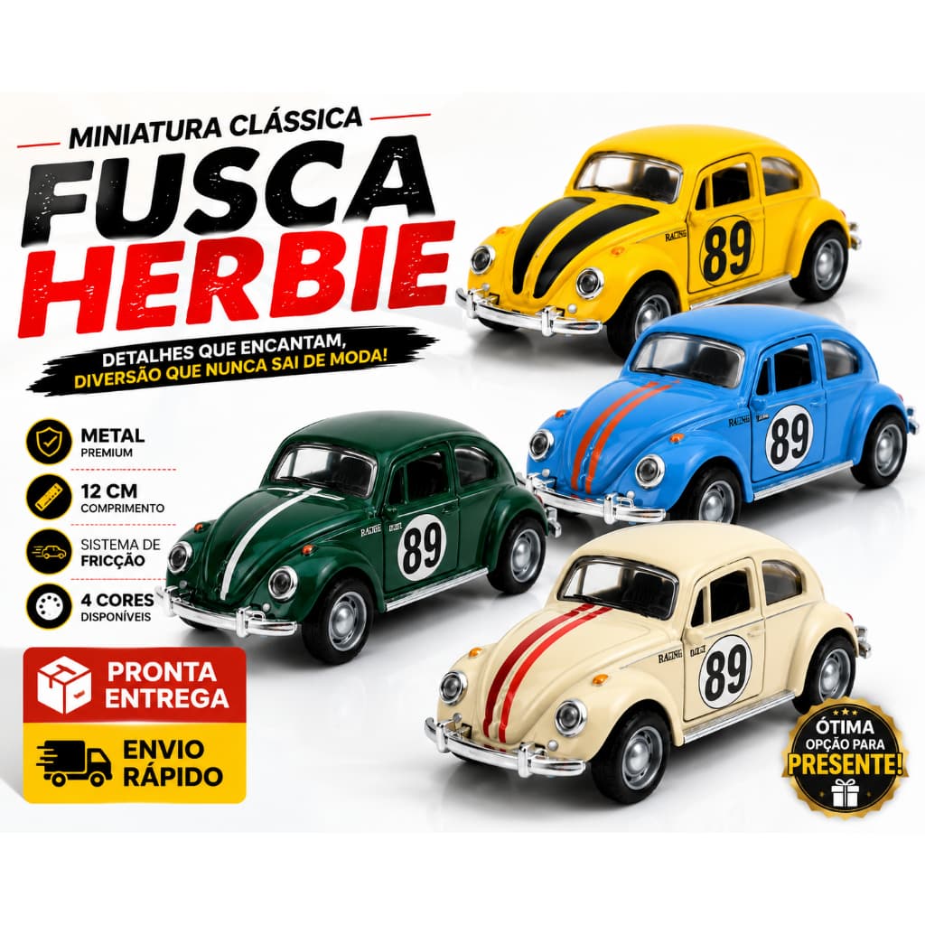 Miniatura Fusca Herbie Metal 12cm Com Fricção Portas Abrem Colecionável Clássico