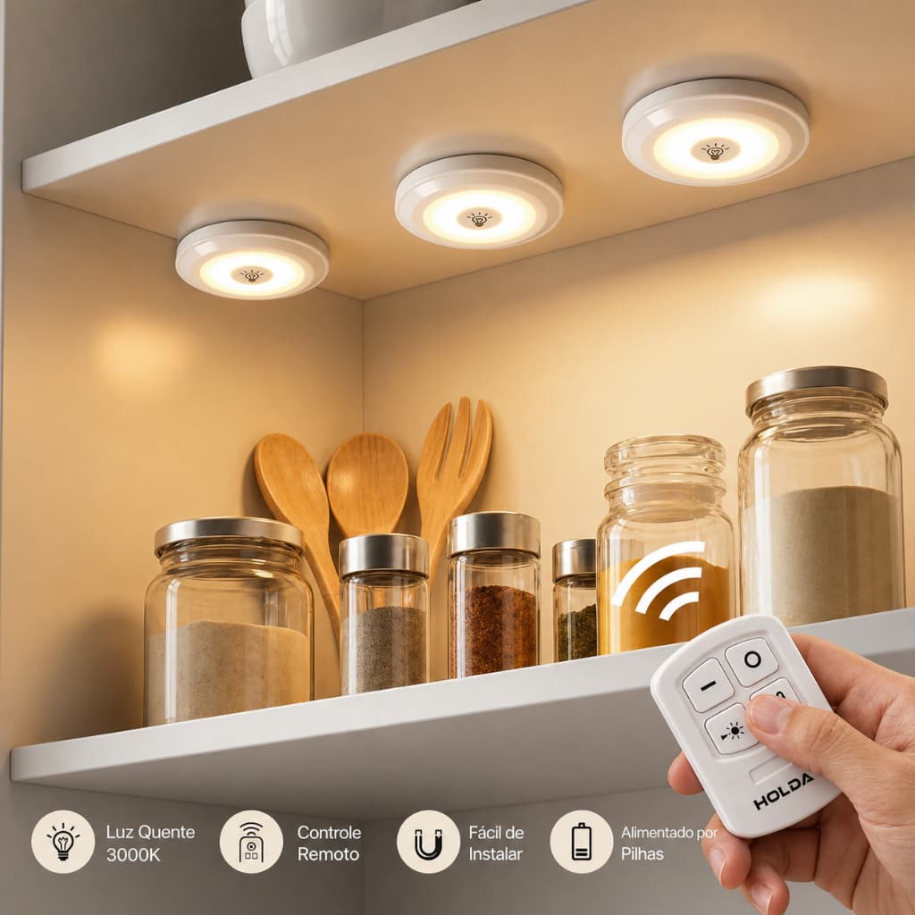 Kit 3 6 9 Spot Led Sem Fio Com Controle Remoto Luz Quente P/ Armario Nicho Closet Cozinha
